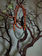 Load image into Gallery viewer, Labradorite & Redwood Mala Beads w/ Clear Quartz Pendant