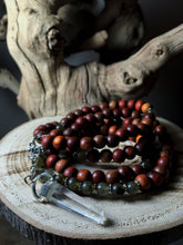 Load image into Gallery viewer, Labradorite & Redwood Mala Beads w/ Clear Quartz Pendant