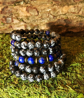 Snowflake Obsidian & Lapis Lazuli 108 Bead Mala Bracelet