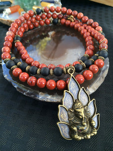 Red Jasper & Onyx 108 Mala Beads w/ Ganesh Pendant