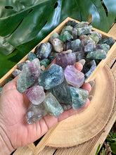 Load image into Gallery viewer, Wholesale Fluorite Crystals, Bulk Rough Crystal Lot by Ounces or Pound, Natural Purple Green Rainbow Fluorite Gemstones. 4oz, 8oz, 1lb, 2lbs