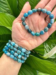 Apatite Bracelet, Tumbled Apatite Stretch Bracelet, Natural Crystal Bead Bracelet, Polished Gemstone Blue Bracelet, Premium Quality Stone