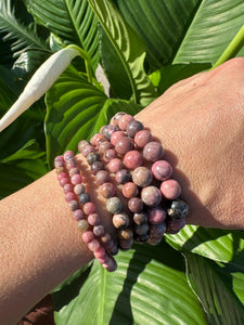 Rhodonite Crystal Bracelet, 4mm, 6mm, 8mm Beaded Stretch Bracelets, Premium Natural Gemstone Jewelry, Grade A Quality Beads, Bulk Wholesale