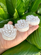 Load image into Gallery viewer, SELENITE Hamsa Hand Crystal, Natural Tumbled Polished Hand of Fatima Palm Stone with Evil Eye, Crystals for Protection, Peace, Meditation