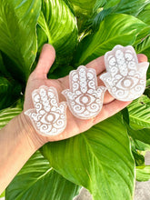 Load image into Gallery viewer, SELENITE Hamsa Hand Crystal, Natural Tumbled Polished Hand of Fatima Palm Stone with Evil Eye, Crystals for Protection, Peace, Meditation