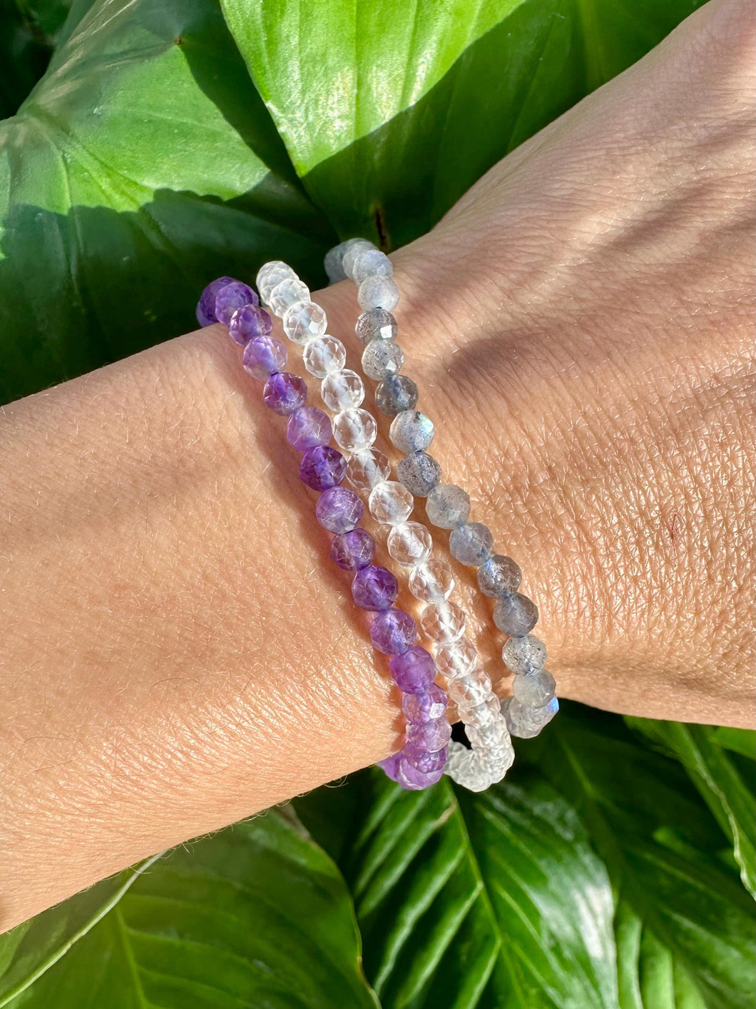 Bracelet Set for Anxiety & Stress Relief | Amethyst, Labradorite, Clear Quartz | 4mm Bead Crystal Bracelet Gift Set, Crystal Healing Jewelry