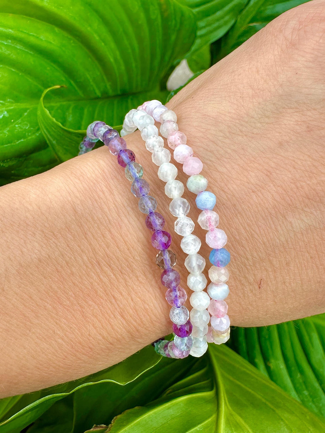 Bracelet Set for Emotional Balance & Intuition | Fluorite, Moonstone, Morganite | Dainty Crystal Bracelet Gift Set, Crystal Healing Jewelry