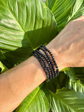 Black Tourmaline Bracelet, Faceted 4mm Crystal Bracelet made with Natural Tourmaline Beads, Authentic Gemstone Small Bead Bracelets