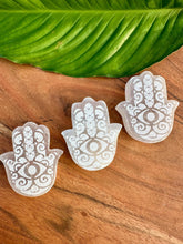 Load image into Gallery viewer, SELENITE Hamsa Hand Crystal, Natural Tumbled Polished Hand of Fatima Palm Stone with Evil Eye, Crystals for Protection, Peace, Meditation