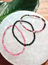 Load image into Gallery viewer, Tourmaline Bracelet Set for Protection &amp; Passion | Rainbow Tourmaline, Black Tourmaline, Rubelite | 4mm Bead Crystal Bracelet Gift Set