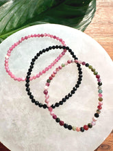 Load image into Gallery viewer, Tourmaline Bracelet Set for Protection &amp; Passion | Rainbow Tourmaline, Black Tourmaline, Rubelite | 4mm Bead Crystal Bracelet Gift Set