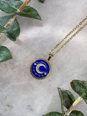 Half Moon Blue & Gold Medallion Necklace