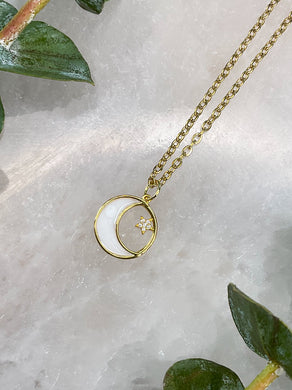 Half Moon White & Gold Medallion Necklace