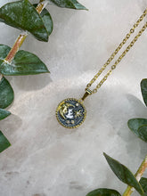 Load image into Gallery viewer, Half Moon Grey &amp; Gold Medallion Necklace