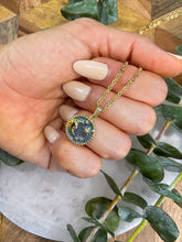 Load image into Gallery viewer, Half Moon Grey &amp; Gold Medallion Necklace