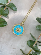 Load image into Gallery viewer, Sparkling Sun Blue &amp; Gold Hexagon Medallion Necklace