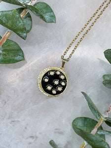 Half Moon & Stars Black & Gold Medallion Necklace