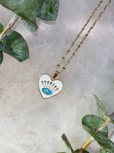 Load image into Gallery viewer, Evil Eye White &amp; Gold Heart Medallion Necklace