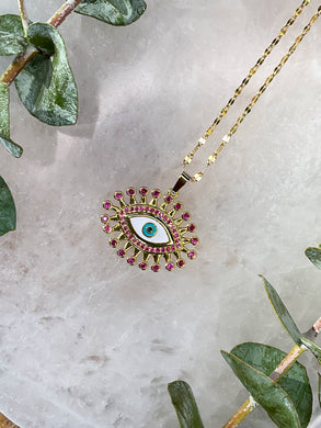 Evil Eye Pink Rhinestone Gold Medallion Necklace