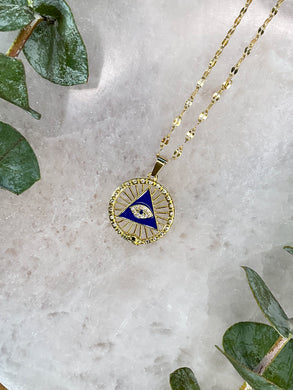Evil Eye Pyramid Gold Medallion Necklace