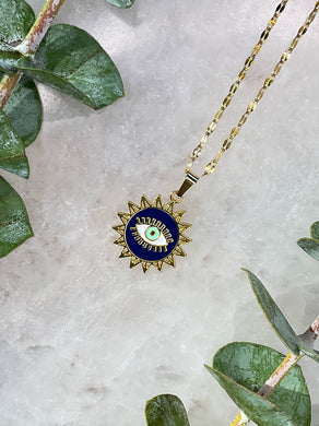 Evil Eye Sun Rays Blue & Gold Medallion Necklace
