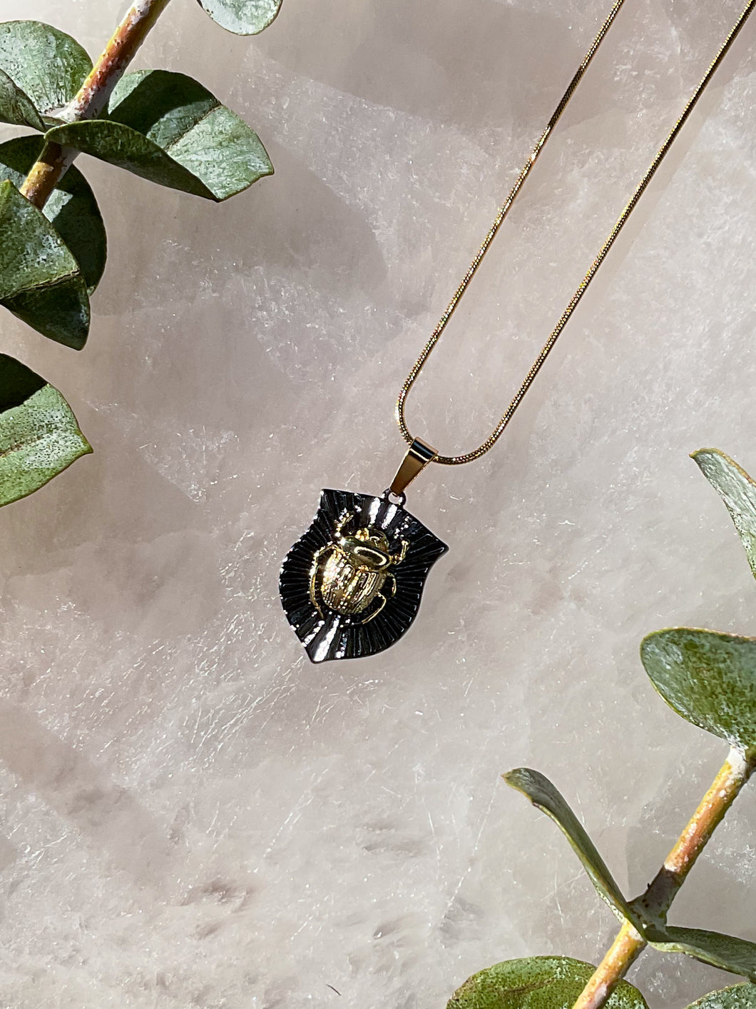 Black & Gold Scarab Beetle Medallion Necklace