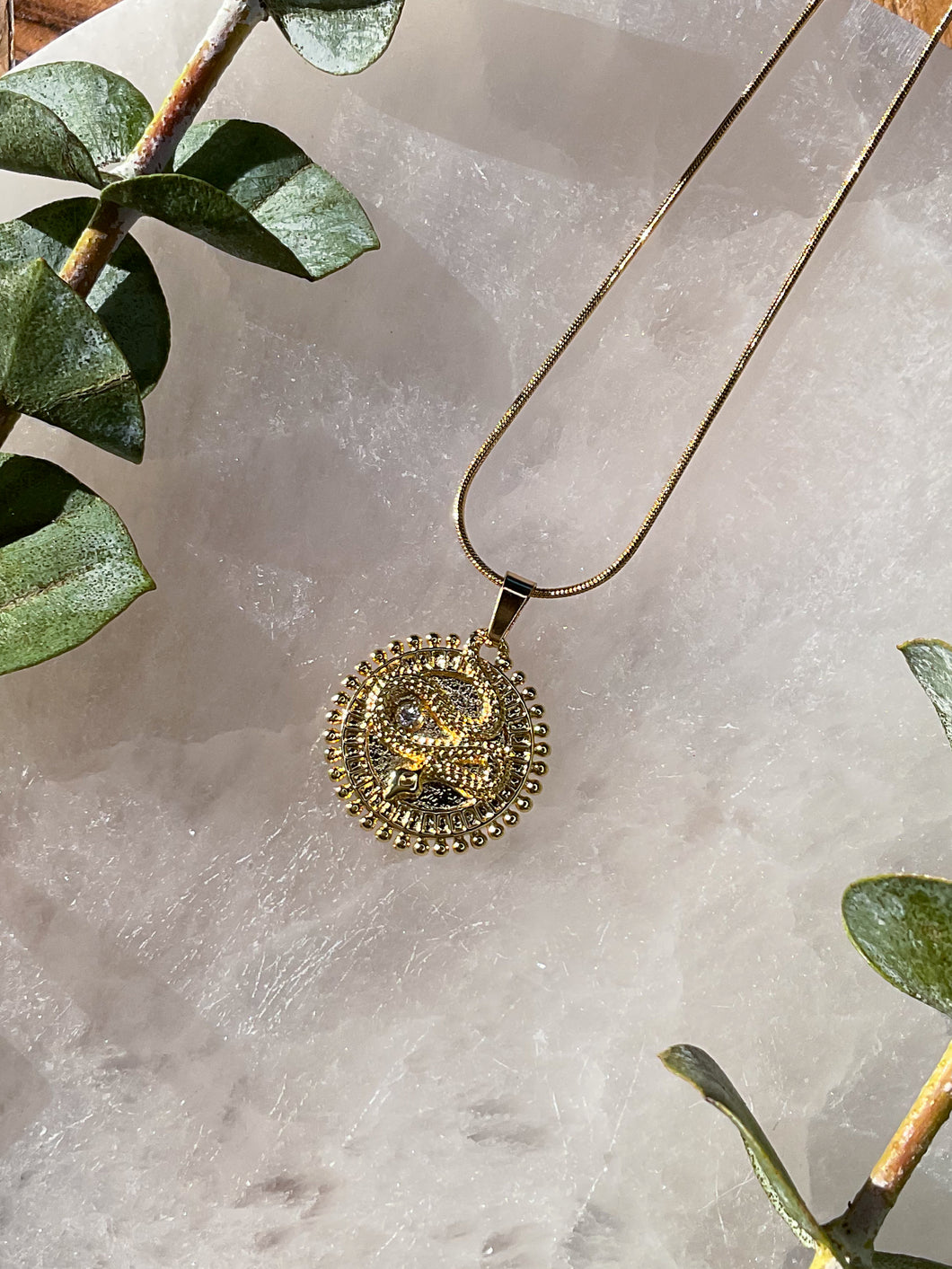 Gold Snake Round Medallion Necklace