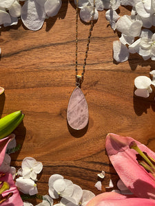 Rose Quartz Large Teardrop Crystal Gold Necklace
