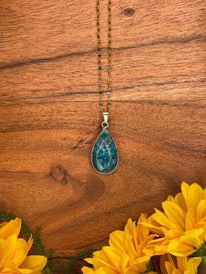Blue Agate Medium Teardrop Crystal Gold Necklace