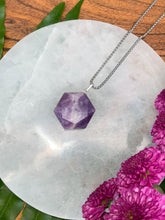 Load image into Gallery viewer, Lepidolite Faceted Hexagon Crystal Medallion Silver Necklace