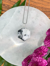 Load image into Gallery viewer, Rainbow Moonstone Faceted Hexagon Crystal Medallion Silver Necklace