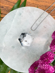 Rainbow Moonstone Faceted Hexagon Crystal Medallion Silver Necklace
