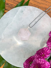 Load image into Gallery viewer, Rose Quartz Faceted Hexagon Crystal Medallion Silver Necklace