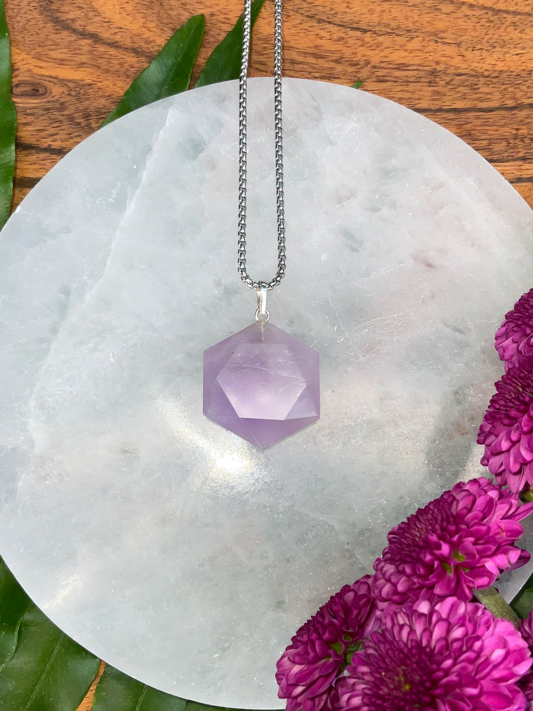 Amethyst Faceted Hexagon Crystal Medallion Silver Necklace