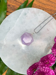 Amethyst Faceted Hexagon Crystal Medallion Silver Necklace