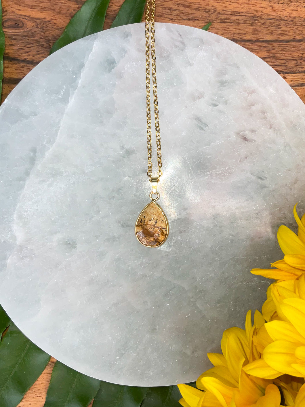 Picture Jasper Small Teardrop Crystal Gold Necklace
