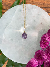 Load image into Gallery viewer, Amethyst Small Teardrop Crystal Gold Necklace 2