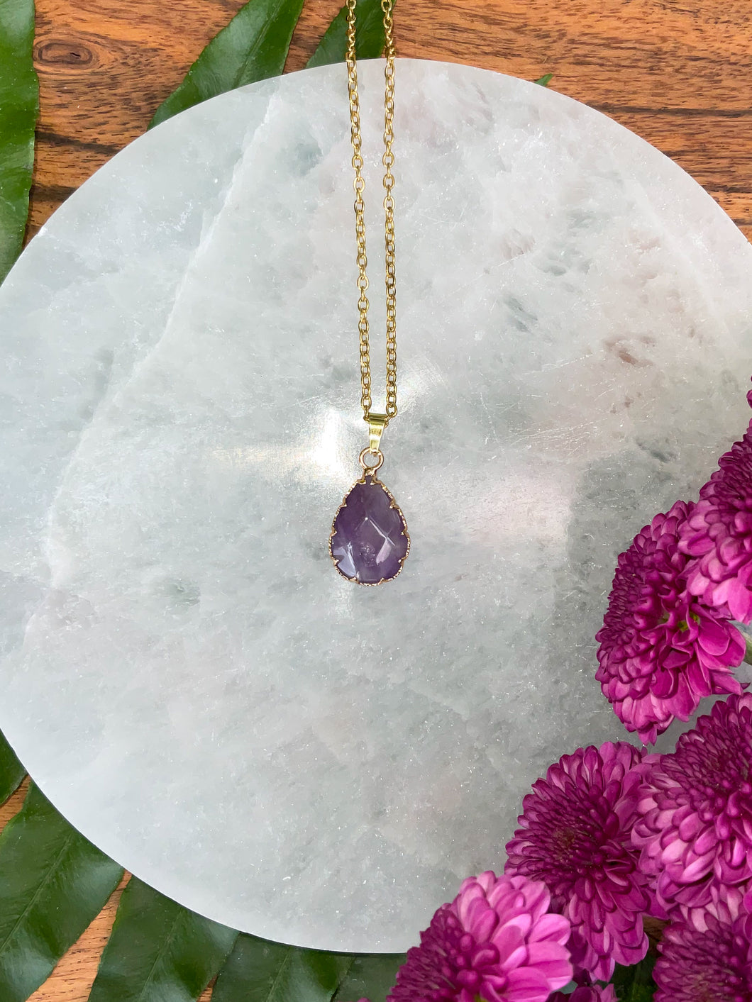 Amethyst Small Teardrop Crystal Gold Necklace 2