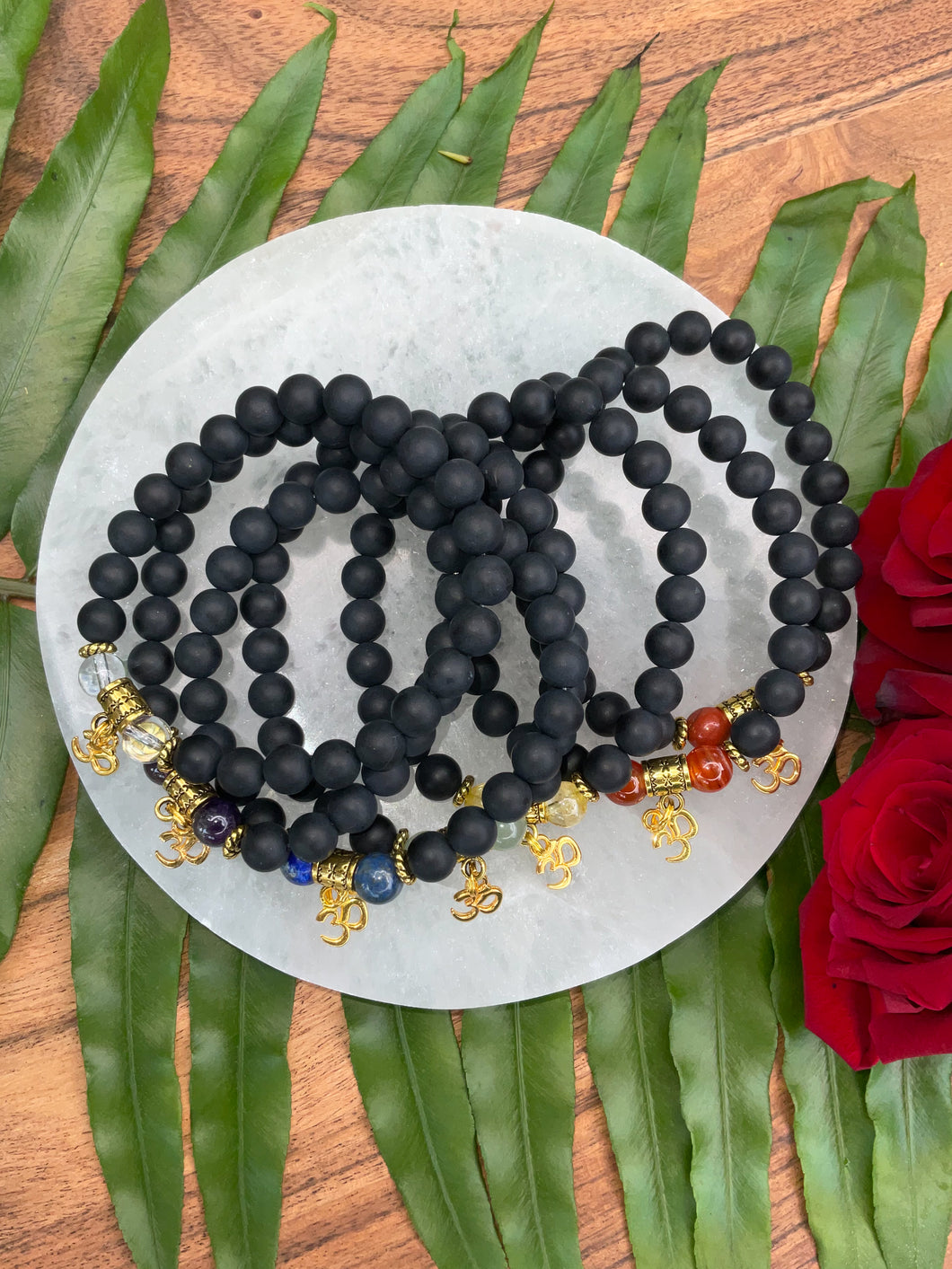 Set of 7 Onyx Om Chakra Bracelets