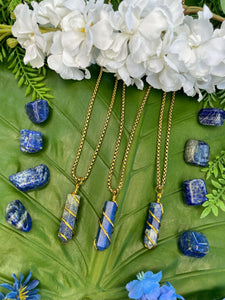 Lapis Lazuli Point Crystal Gold Necklace