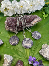 Load image into Gallery viewer, Lepidolite Circular Crystal Medallion Silver Necklace