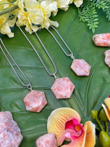 Sunstone Faceted Hexagon Crystal Medallion Silver Necklace