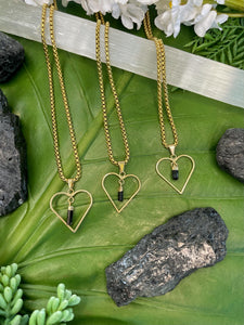 Black Tourmaline Crystal Gold Heart Necklace