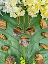 Load image into Gallery viewer, Tiger Eye Faceted Circle Crystal Medallion Gold Necklace
