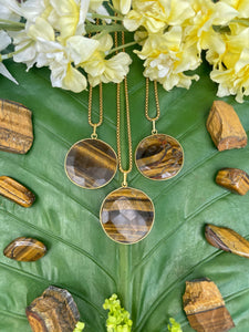 Tiger Eye Faceted Circle Crystal Medallion Gold Necklace