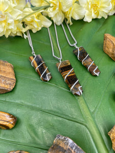 Tiger Eye Flat Point Crystal Silver Necklace