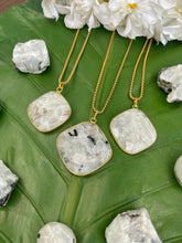Load image into Gallery viewer, Rainbow Moonstone Faceted Square Crystal Medallion Gold Necklace