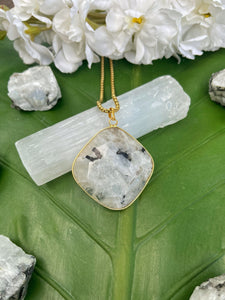 Rainbow Moonstone Faceted Square Crystal Medallion Gold Necklace