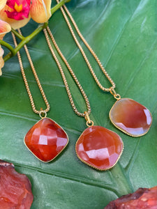 Carnelian Faceted Square Crystal Medallion Gold Necklace