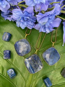 Lapis Lazuli Square Crystal Medallion Gold Necklace